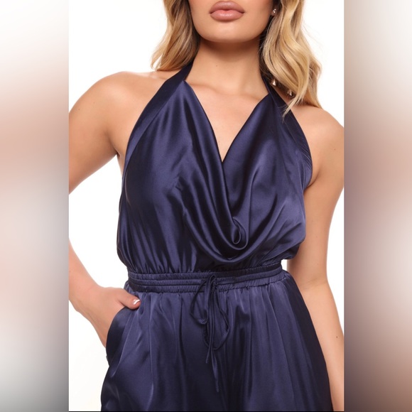 Navy Satin Jumpsuit, Size Small - Picture 2 of 6